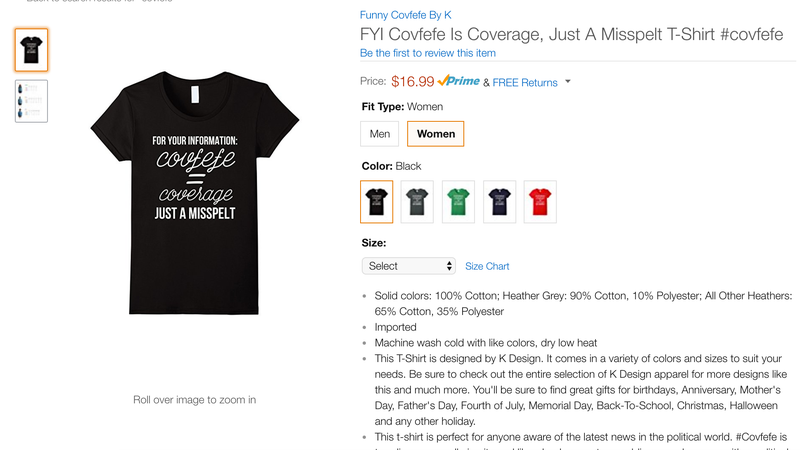 Illustration for article titled Be the Saddest Guy in the Office With Amazon's Embarrassing 'Covfefe' Swag
